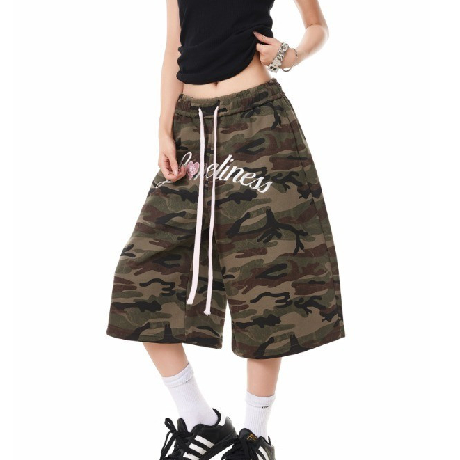 อเมริกันรีโทรเย็บปักถักร้อย ลายพราง กางเกงตัด ถนนฤดูร้อนสบาย หยุด drawstring ขากว้าง