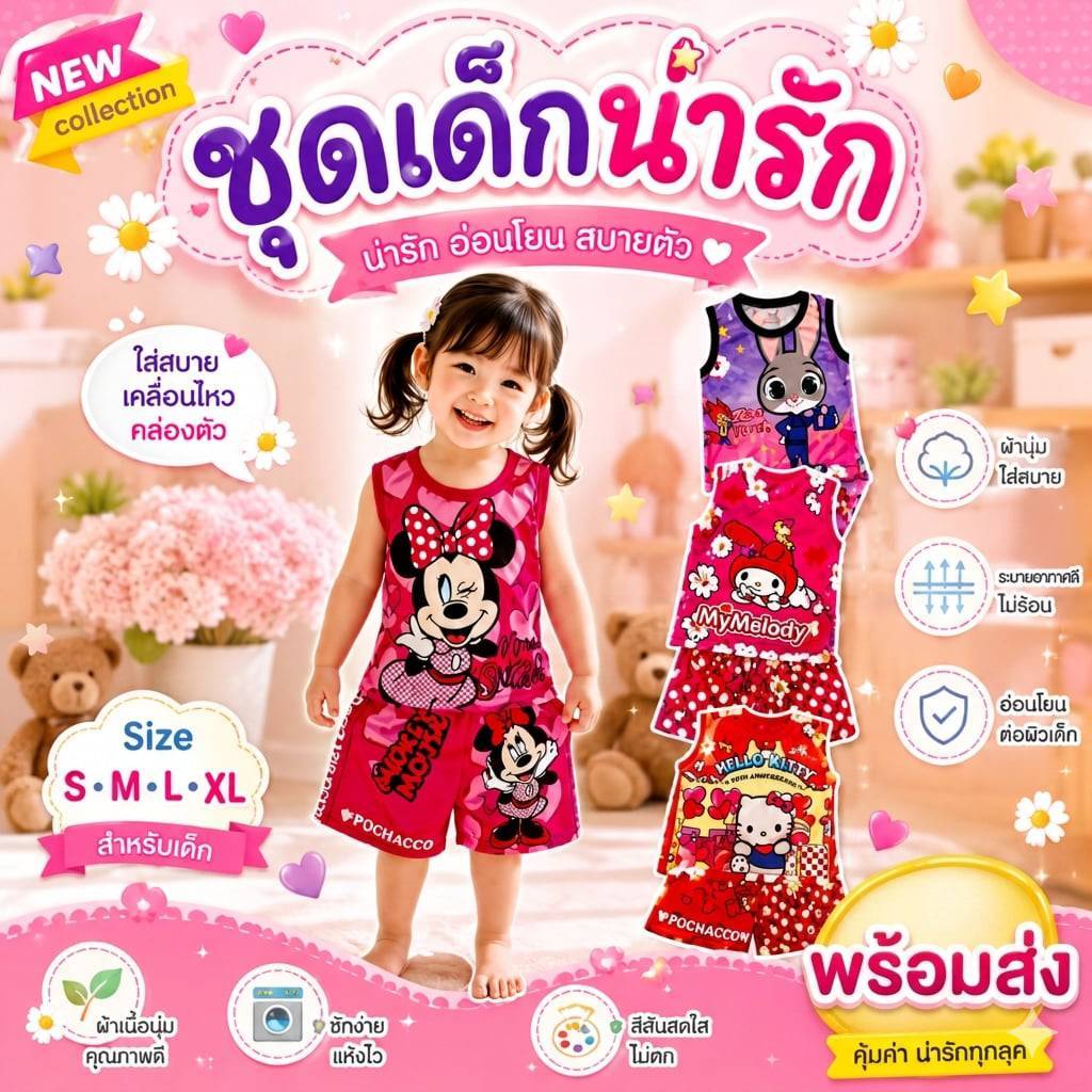 ชุดเซ็ตเด็ก A1 แขนกุด+ขาสั้น (S-XL) ผ้าไมโครลายการ์ตูน