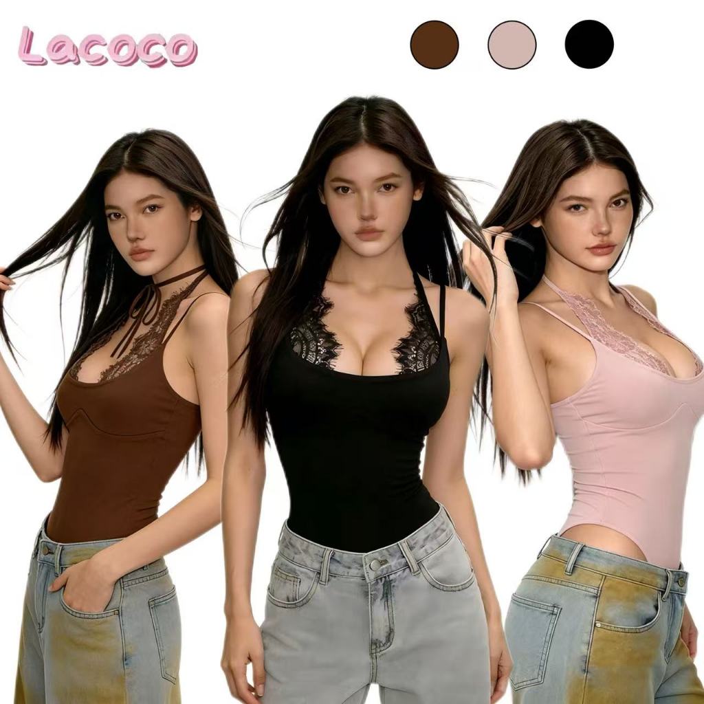 Lacoco🍓คลังสินค้าพร้อม🍓บอดี้สูทสายเดี่ยวผ้าลูกไม้แขนกุดสำหรับผู้หญิง  (สไตล์คุณภาพสูง)
