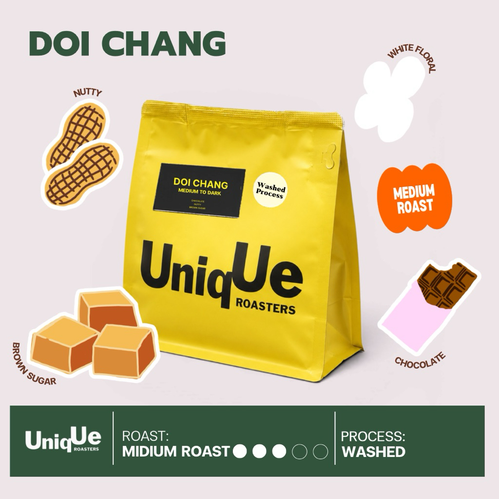 เมล็ดกาแฟดอยช้าง คั่วกลาง Doi Chang Medium Roast จ.เชียงราย เมล็ดกาเเฟไทย เกรดพรีเมี่ยม (Washed Process)