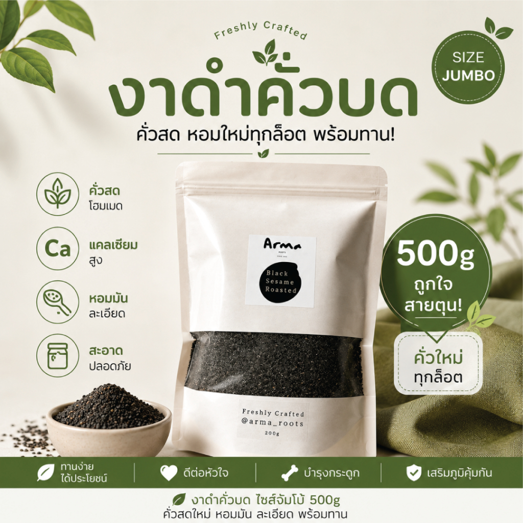 งาดำคั่วบด 500g คั่วสดโฮมเมด พร้อมทาน แคลเซียมสูง คั่วใหม่ทุกล็อต 🌱