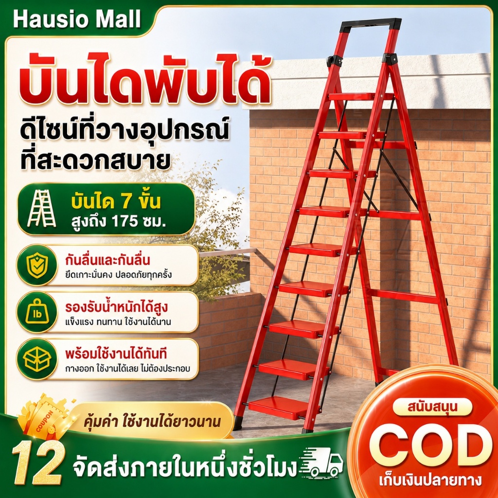 บันได บันไดพับได้ อลูมิเนียม พับได้ รับน้ำหนักได้ 500KG 2-8ชั้น แดง/ดำ/ขาว แข็งแรงทนทาน ไม่เป็นสนิม