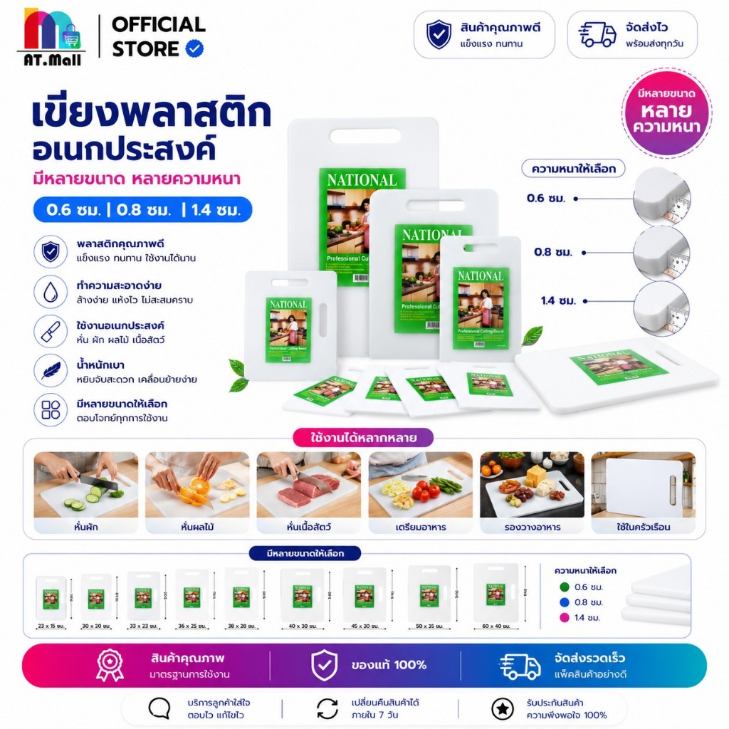 AT.MALL เขียงพลาสติก PP Food Grade แบบหนา | กันเชื้อราและแบคทีเรีย 100% | มีให้เลือกหลายไซส์ หลายความหนา
