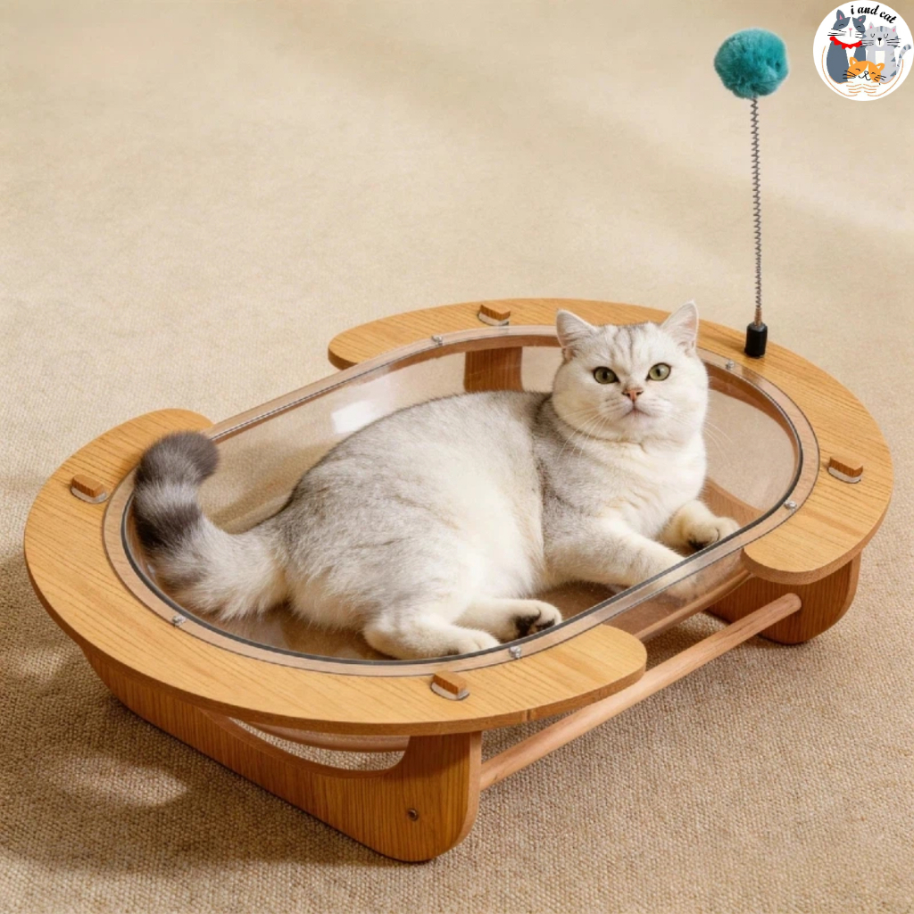 I&CAT ที่นอนแมว หลุมอวกาศ 62x42ซม โดมโปร่งใส อะคริลิก ระบายอากาศ พร้อมปอมปอม