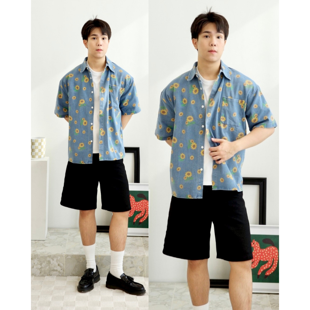 เสื้อเชิ้ตยีนส์แขนสั้นโอเวอร์ไซต์ลายดอกทานตะวัน งานยีนส์เกาหลีพรีเมียม Sunflower jeans Over Size Shirt Premium