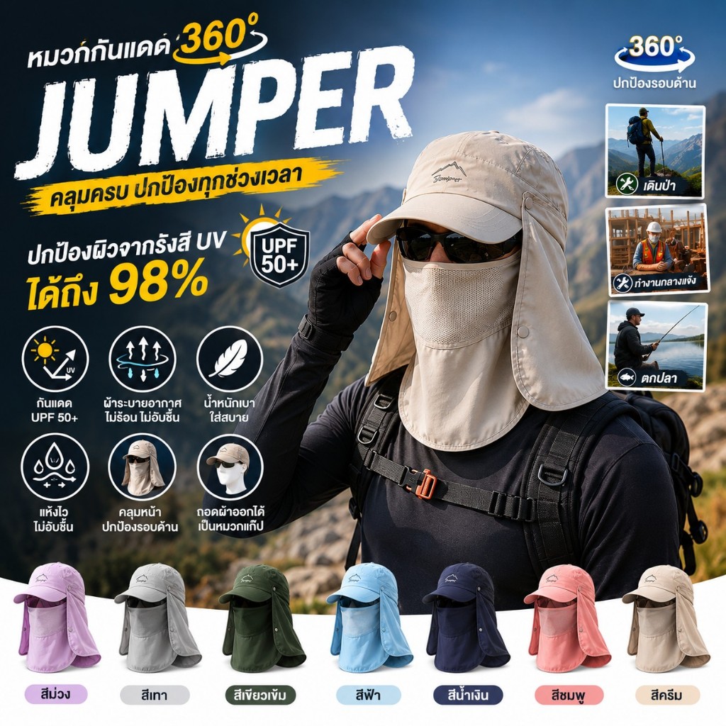 Jumper Kids หมวกกันแดด 360 องศา กันความร้อน พร้อมผ้าปิดหน้า สวมใส่ได้หลายแบบ อากาศถ่ายเทได้ดี