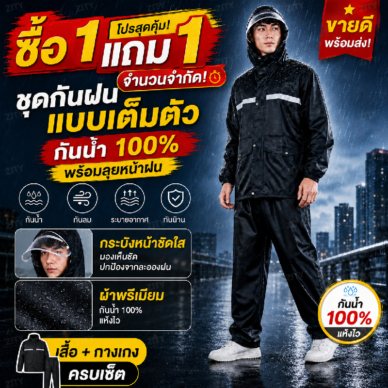 [ซื้อ 1 แถม 1] เสื้อกันฝนสำหรับผู้ใหญ่สำหรับผู้ชายผ้ากันน้ำหนาเหมาะสำหรับขี่รถแสงพร้อมฮูดจักรยานยนต์เสื้อกันฝนสะท้อน