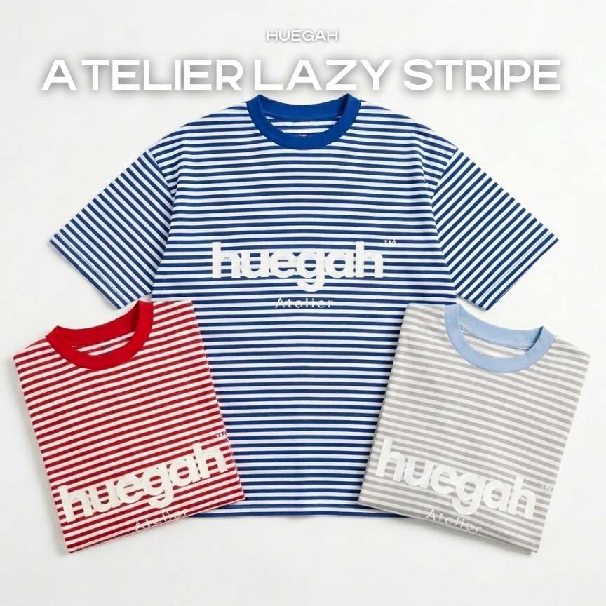 📍พร้อมส่ง 👈 HUEGAH ATELIER LAZY STRIPE เสื้อยืดลายทางสกรีนลาย ไซซ์ใหญ่