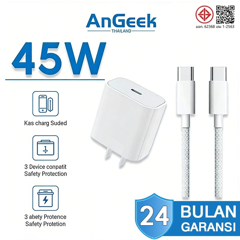 AnGeek เครื่องชาร์จเร็ว PD 45W พร้อมสายชาร์จ Type-C เป็น L/USB-C สําหรับ iPh 5-14 15 16 17 Pro Max