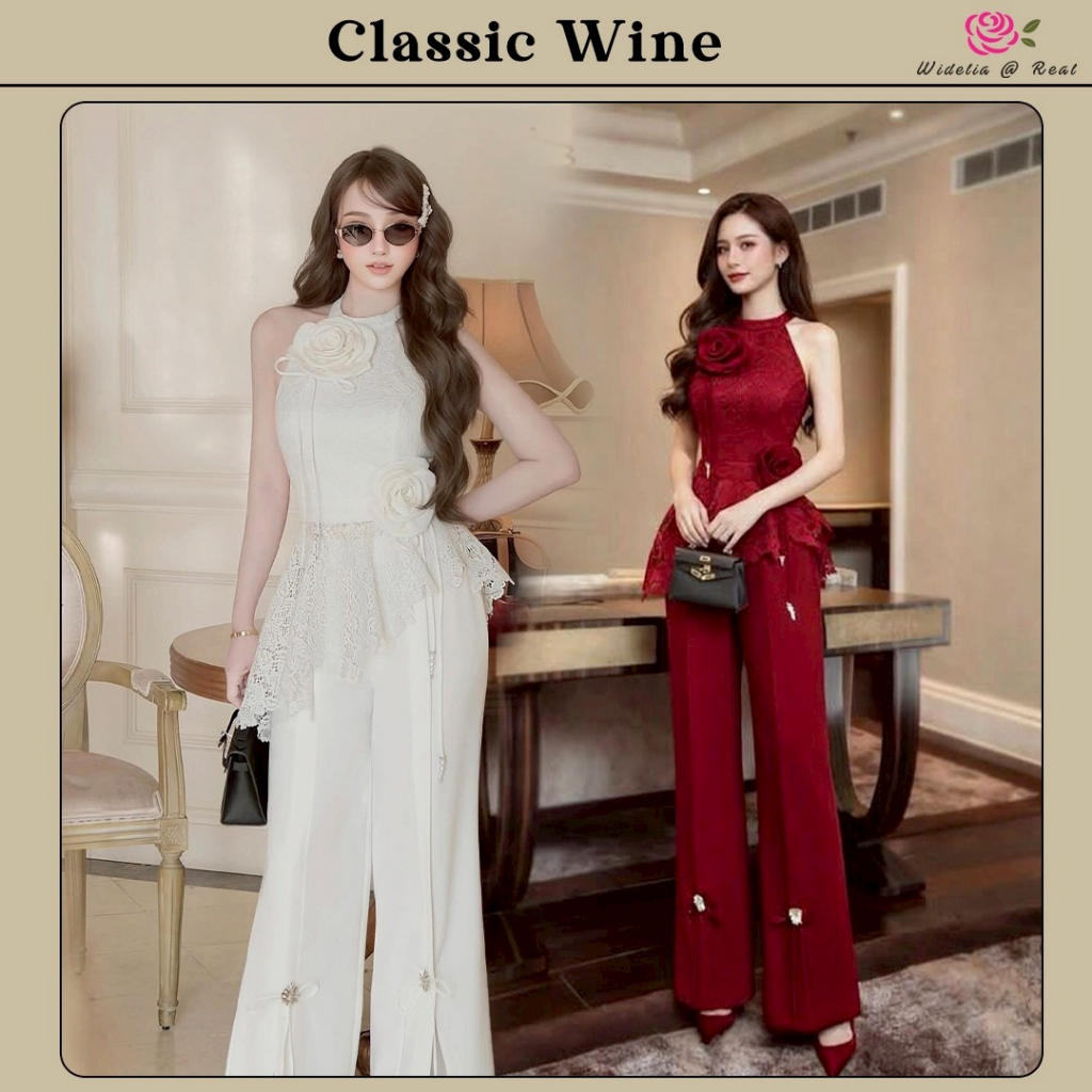 Classic Wine Set เซ็ตเสื้อแขนกุดกับกางเกงขากระบอก เสื้อลูกไม้แขนกุด อกมีฟองน้ำ เย็บดอกไม้ป๊อปอัพ ชายเสื้อแต่งระบายเฉียง
