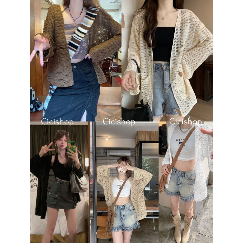 Cicishop(1100) เสื้อคลุมแขนยาว ผ้าตาข่าย แต่งดีเทลกระเป๋าหน้าสองข้างใช้งานได้จริง