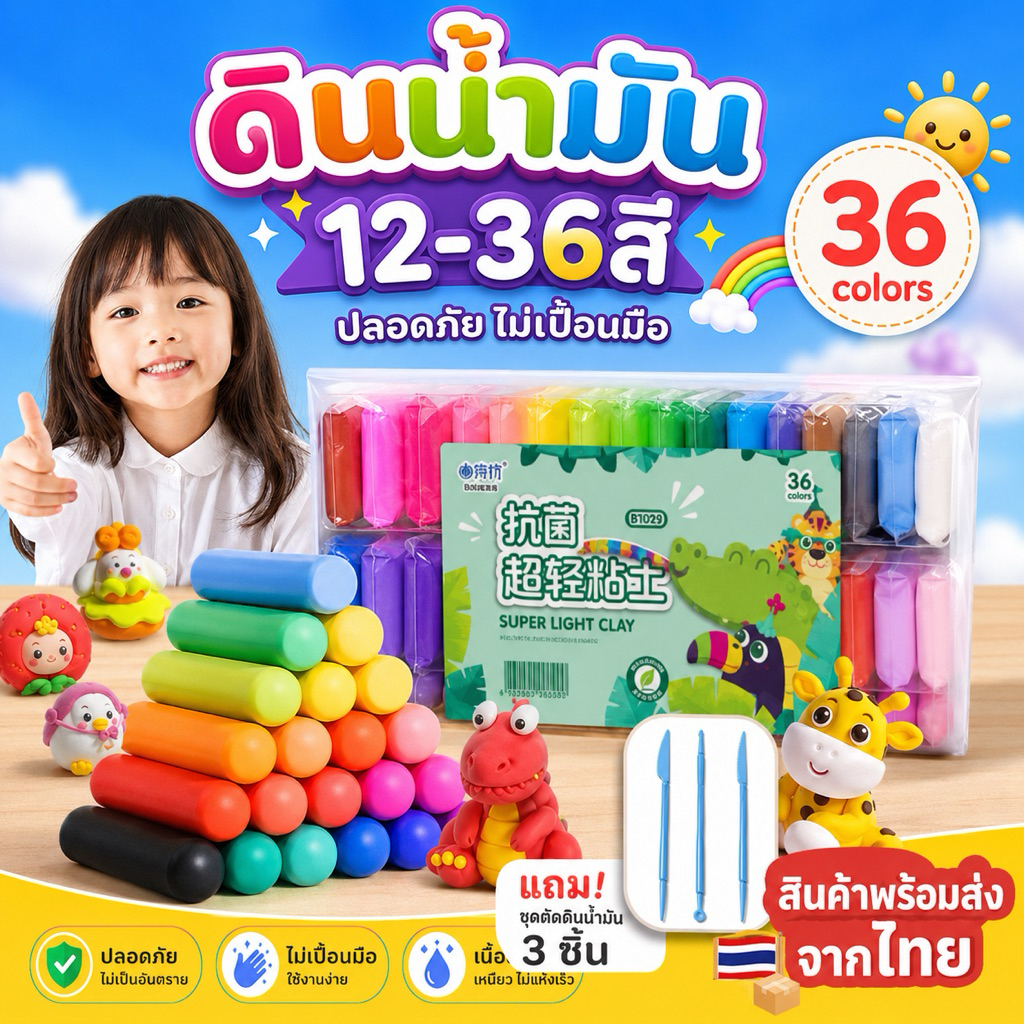พร้อมส่ง DIY ดินน้ำมัน ดินเบา 12/24/36 สี แถมฟรีตัวตัดดินน้ำมัน ดินน้ำมันสำหรับเด็ก ของขวัญเด็ก