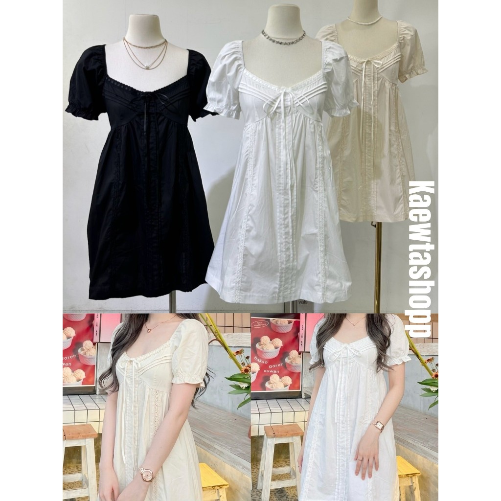 ป้าย Matinee เดรสสั้น มินิเดรส แขนตุ๊กตา ปักฉลุ ถ่ายจากสินค้าจริง ซิบหลัง kaewtashop