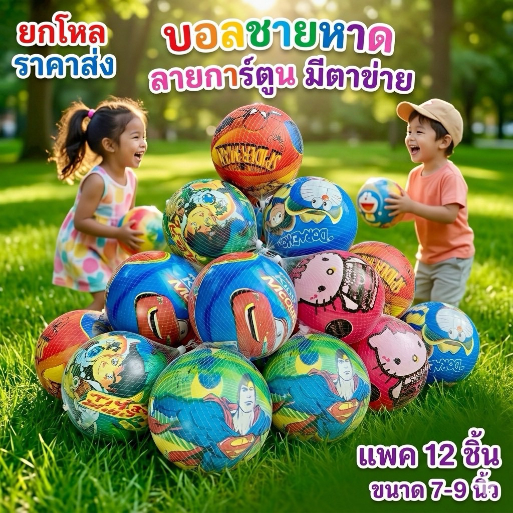 🌷ยกโหล🌷 บอลชายหาด 9 นิ้วลายการ์ตูนน่ารักมาก มีตาข่าย สินค้าคละสีคละลาย มีราคาส่ง