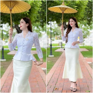 เสื้อลูกไม้รุ่น-มรกต แขนยาว 5ส่วน คอวี ตกแต่งกระดุมแกะได้