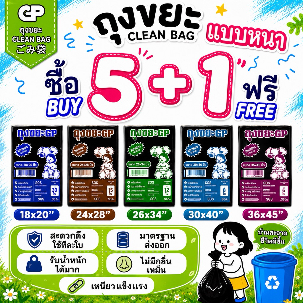 [5แถม1 แบบหนา] ถุงขยะ Clean bag รุ่นหนาและเหนียว ไม่มีกลิ่นไม่พึงประสงค์ คุ้มค่า จำนวนใบเยอะ คุณภาพเกรดส่งออก