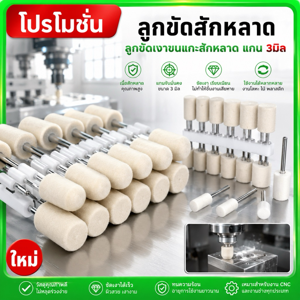 ลูกขัดสักหลาด ลูกขัดเงาขนแกะ สักหลาด ขนาดแกน 3มิล (1ชุด 5ชิ้น) และ (1ชุด 12ชิ้น) - Felt Bobs
