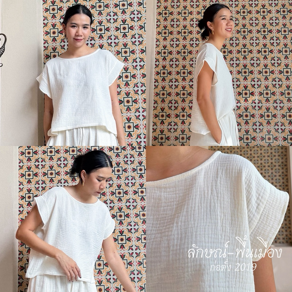 เสื้อคอกลมไหล่ล้ำผ้าฝ้ายสาลูอัดย่น