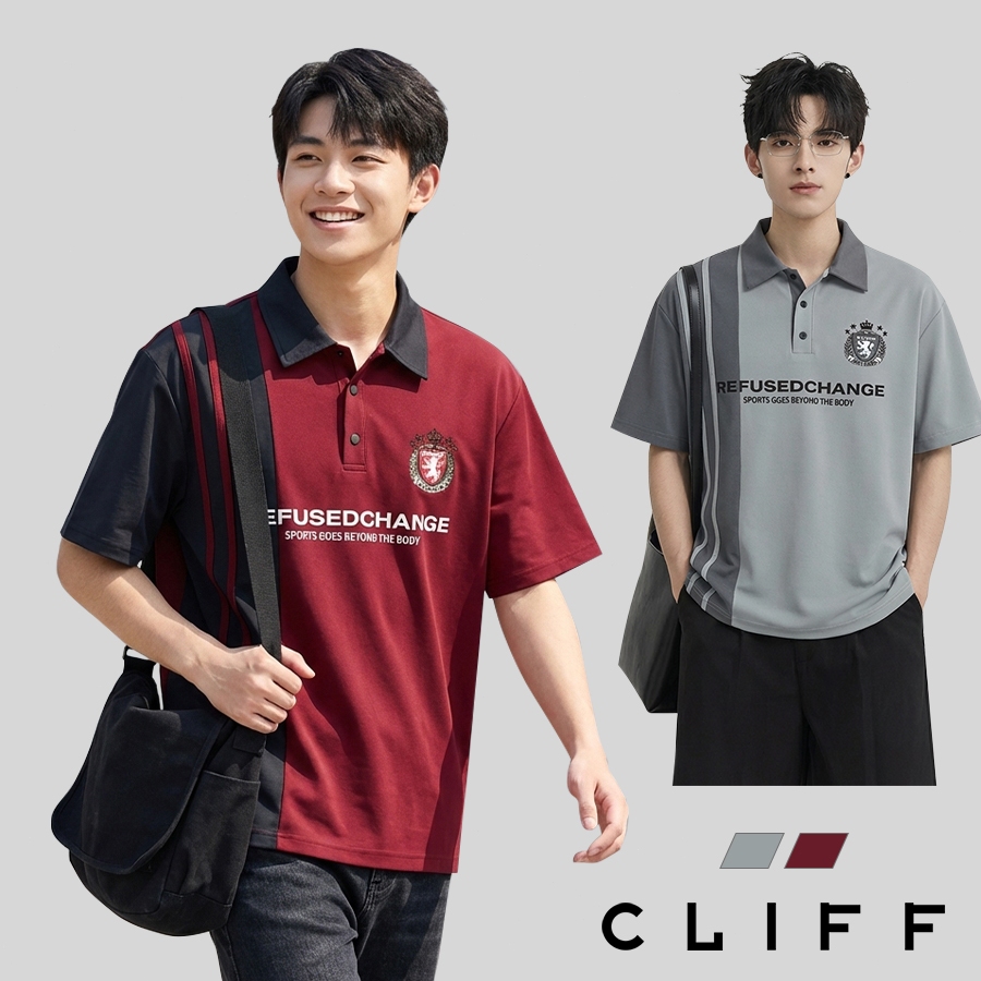 CLIFF เสื้อโปโลผู้ชายทรงหลวม  การต่อผ้าลายทาง  สไตล์สปอร์ตลำลอง  ใส่ได้กับทุกแบบ  ชุดคู่รัก