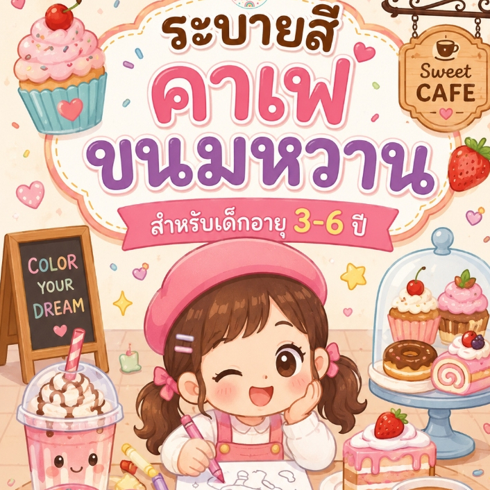 ระบายสีคาเฟ่ขนมหวาน ใบงานเด็กอนุบาล 3-6 ปี เสริมพัฒนาการ กล้ามเนื้อมัดเล็ก พร้อมใบประกาศเด็กเก่ง ดร.แม่ เล่นเป็นเรียน