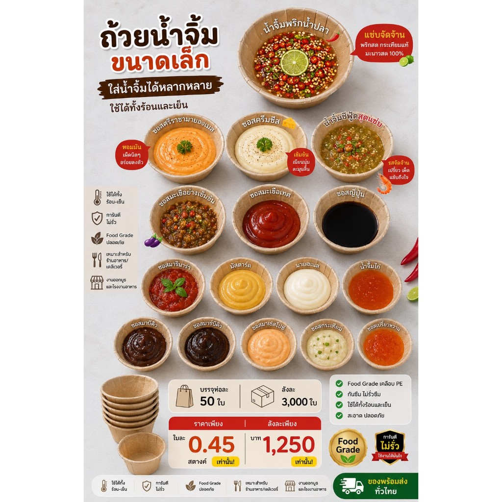 ถ้วยนํ้าจิ้มขนาดเล็ก 50 ใบ ถ้วยกระดาษ Food Grade เคลือบ PE 🔥