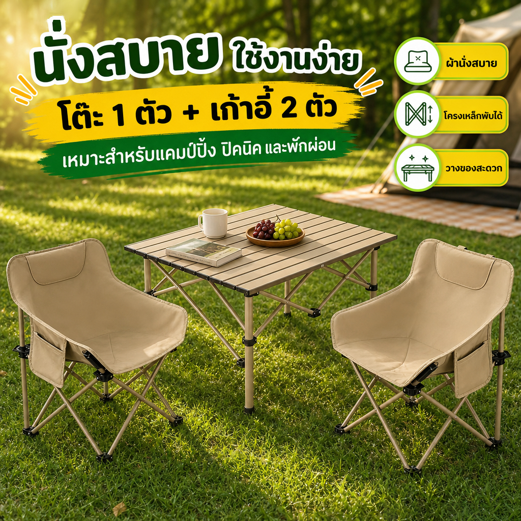 โต๊ะพับอเนกประสงค์ พร้อมเก้าอี้แคมป์ปิ้ง ชุดโต๊ะสนามกลางแจ้ง