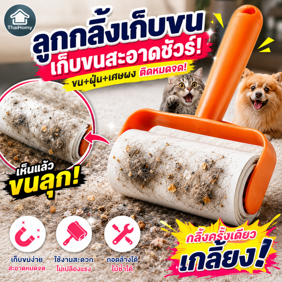 ลูกกลิ้งเก็บขน ด้ามจับแข็งแรง ถอดประกอบได้ ใช้งานสะดวก ลูกกลิ้งเก็บฝุ่นและขนสัตว์ วัสดุ PP / สติกเกอร์ ทนทาน