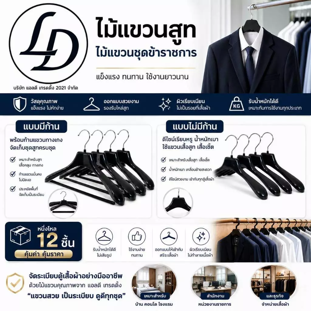 ไม้แขวนสูทใหญ่สีดำกว้าง 15.5นิ้ว 12ชิ้น(รุ่น509)