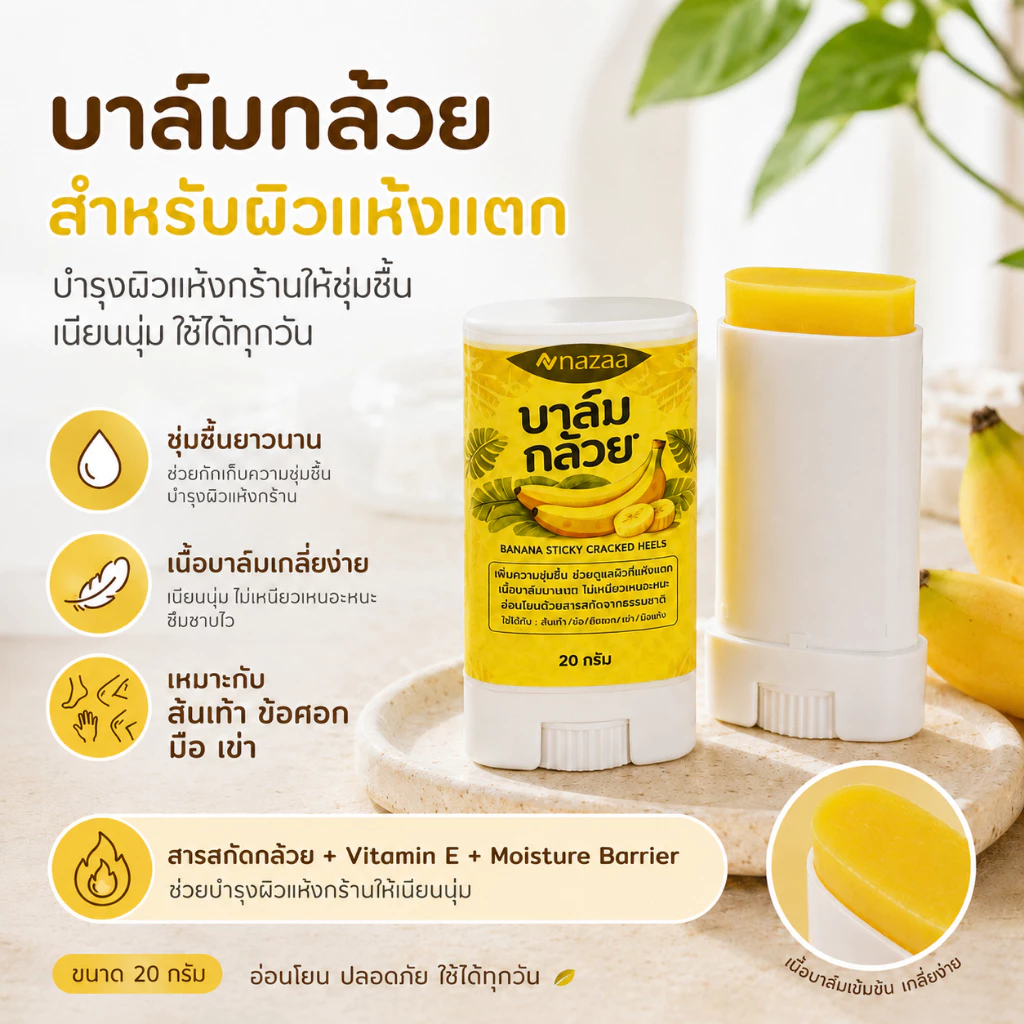 NAZAA Banana Balm 20g บาล์มกล้วย บำรุงส้นเท้าแตก ผิวแห้งกร้าน ครีมทาส้นเท้า ข้อศอก มือ เข่า เนื้อบาล์มเกลี่ยง่าย