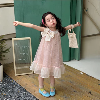 PRINCESS KESLI สไตล์เกาหลี ชุดเดรสเด็กผู้หญิง เดรสออกงาน แขนกุด ฟรุ้งฟริ้ง แต่งโบว์ 1-11 ปี