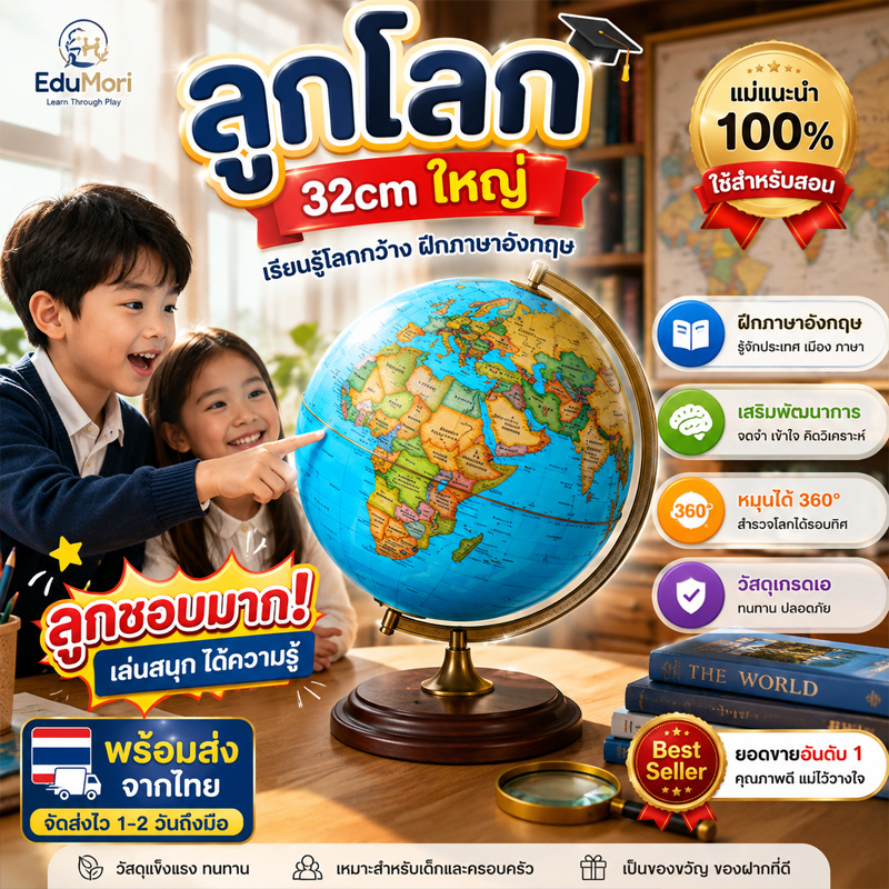 EduMori｜ลูกโลกจำลอง 32 ซม. Globe หมุนได้ 360° แผนที่ภาษาอังกฤษชัดเจน เรียนรู้ภูมิศาสตร์สำหรับเด็ก