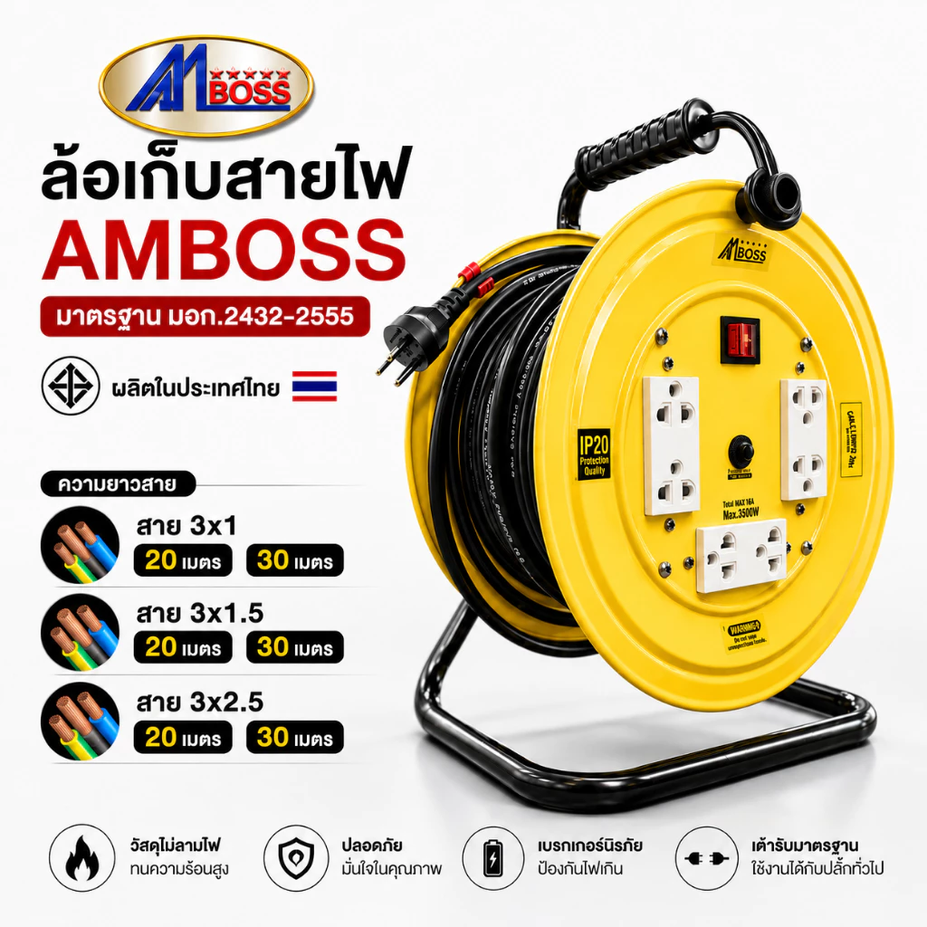 ล้อเก็บสายไฟ พร้อมสาย ขนาดสาย 3x1 3x1.5 และ 3x2.5 ความยาวสาย 20-30เมตร สินค้าผลิตและจัดส่งในประเทศไทย