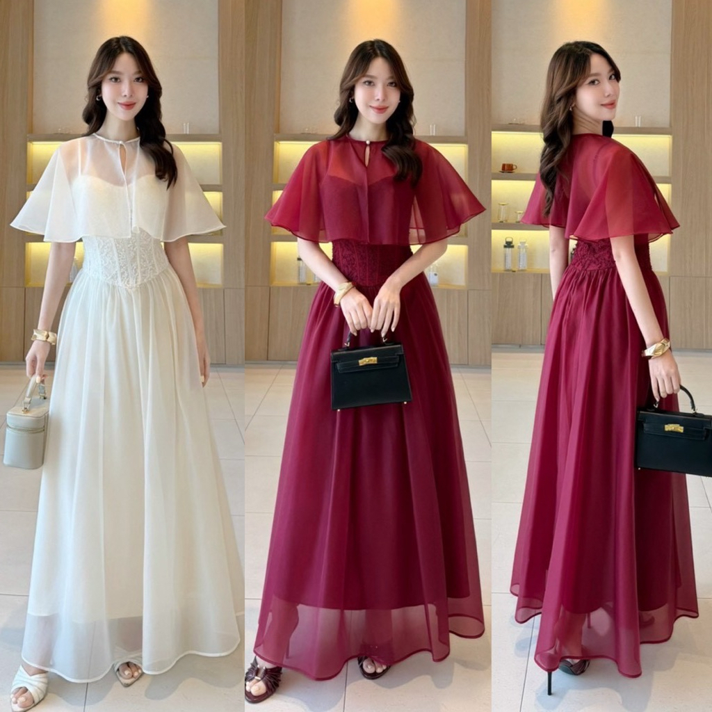 ABIGAIL #AB08 Set2ชิ้น เดรสสายเดี่ยว+ผ้าคลุม เดรสออกงาน ชุดราตรี ชุดไปงานแต่ง เรียบหรู