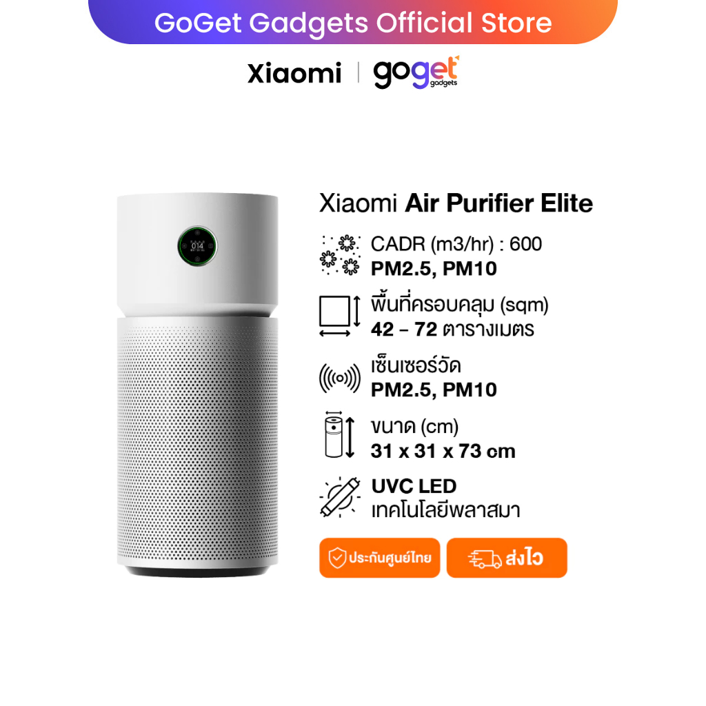 Xiaomi Smart Air Purifier Elite เครื่องฟอกอากาศ｜กำจัดสารก่อภูมิแพ้｜ไฟยูวี LED + เทคโนโลยีพลาสมา｜การกรองแบบ 3 in 1