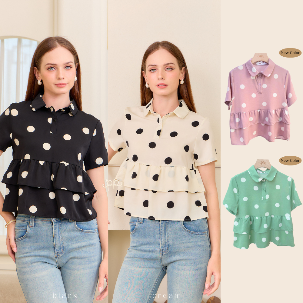 POI Polka Pop เสื้อผ้าเจลลี่คอปกแขนสั้นแต่งชายระบาย มี 5  สี ครีม ดำ น้ำตาล เขียว ชมพู L040I6