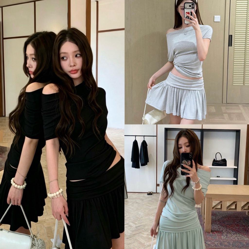 📍พร้อมส่ง ดำ เทา📍9602 ชุดเซ็ท 2 ชิ้น เสื้อปาดไหล่ มาพร้อมกับกระโปรงสั้น น่ารักมากๆค่า ใส่ง่ายค่ะ ใส่คู่กันแล้วดูดีค่า