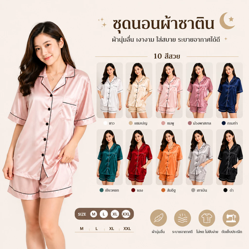 G111★ส่งจากไทย★ชุดนอนซาตินแขนสั้นขาสั้น ชุดนอนสีพื้น ชุดนอนแฟชั่นสไตล์เกาหลี ชุดนอนน่ารัก🔥