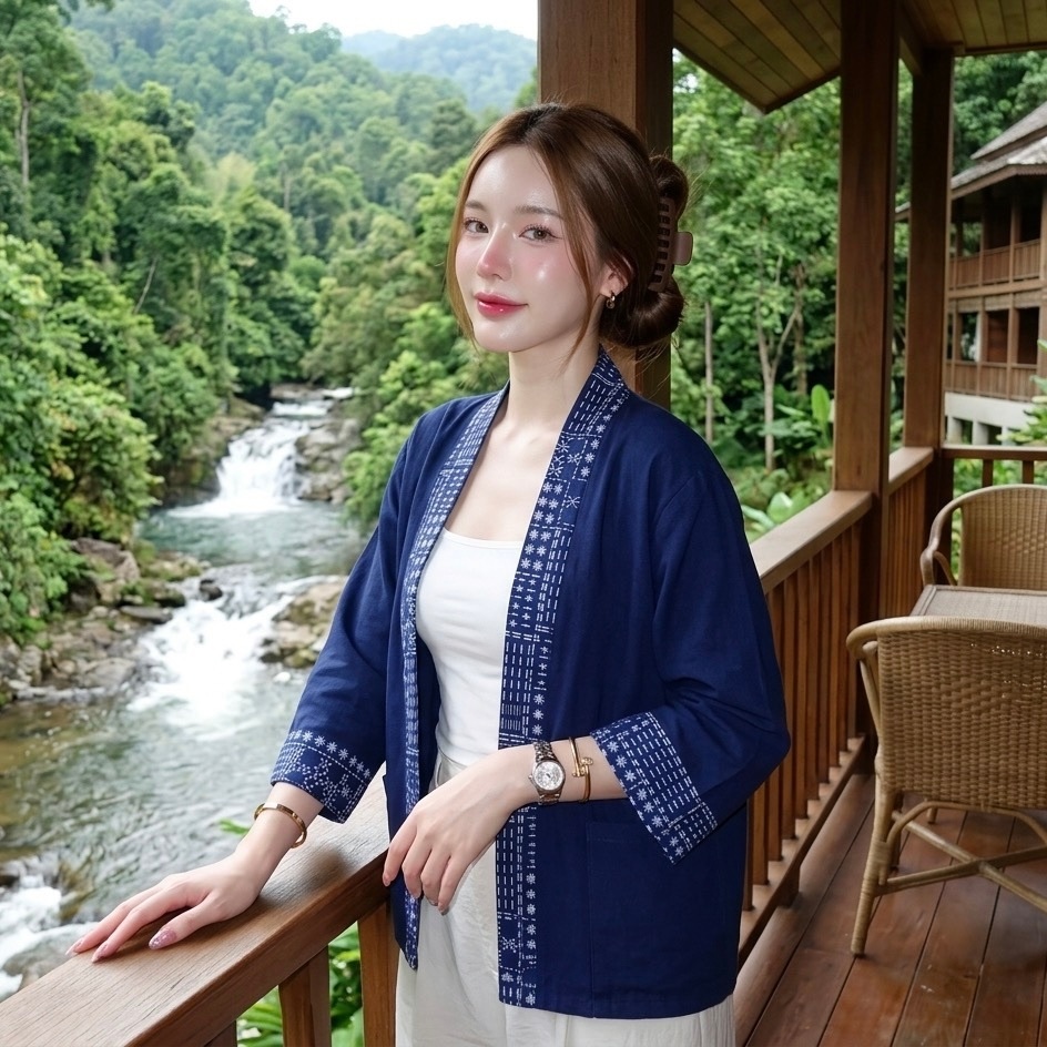 LANNA - เสื้อคลุมแขนยาวมีกระเป๋าเสื้อ ใส่คลุมร้อนคลุมหนาว ผ้าฝ้ายไทยพิมพ์ลาย ทรงสวยใส่สบาย