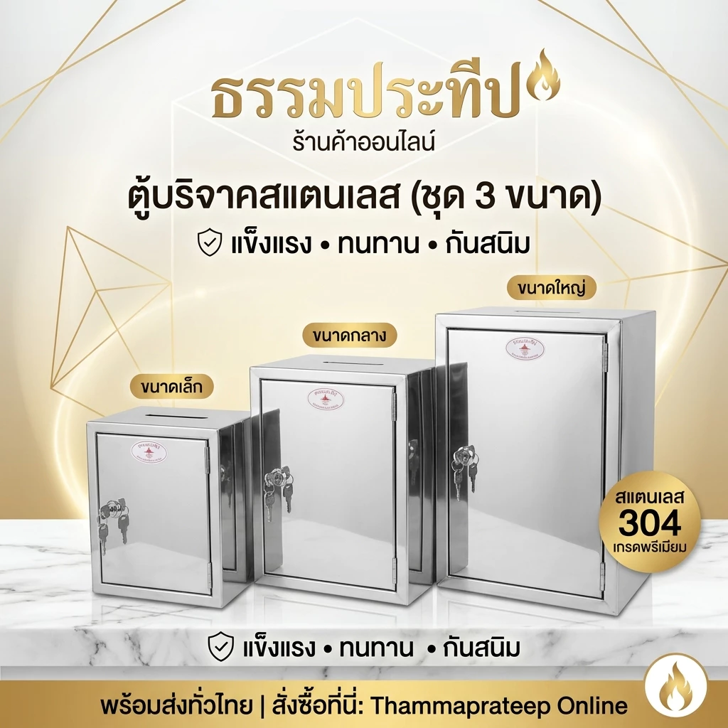 ตู้บริจาค ตู้รับเงินทำบุญ สแตนเลส | กล่องใส่ของ | แข็งแรง ไม่เป็นสนิม | สำหรับวัด ศูนย์ปฏิบัติธรรม