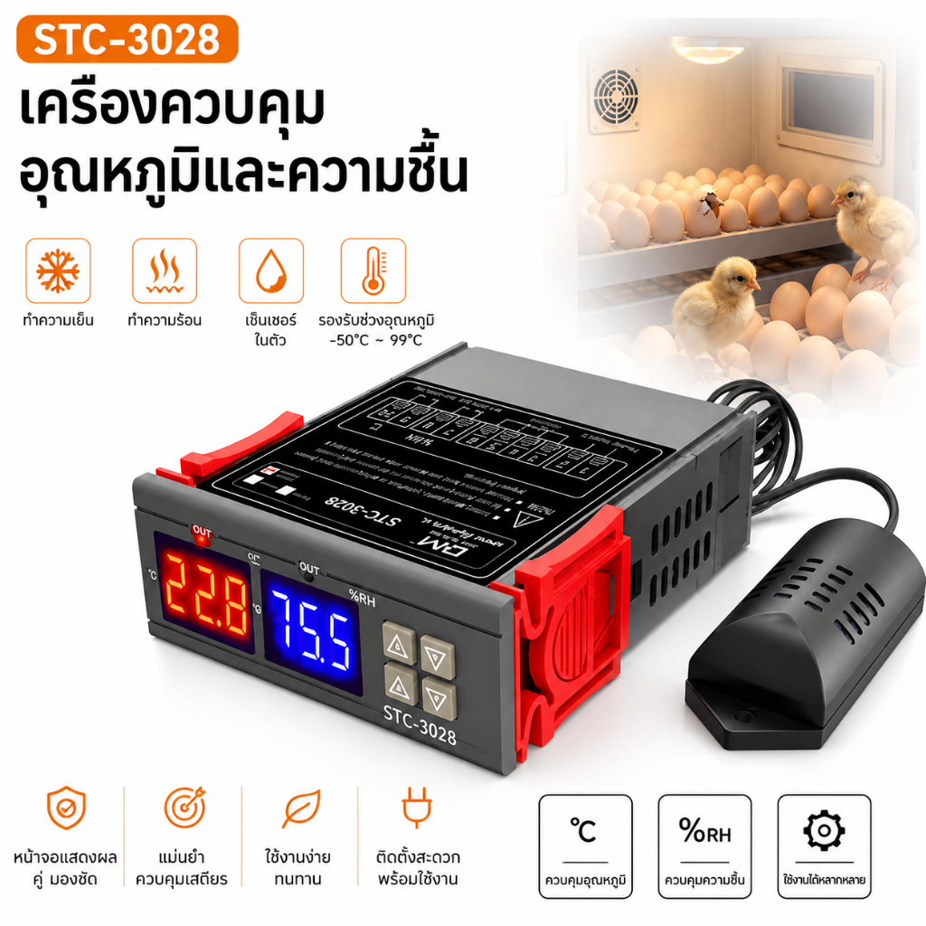 STC-3028 เครื่องควบคุมอุณหภูมิและความชื้น ดิจิตอล รีเลย์สวิตช์อัตโนมัติ สำหรับตู้ฟักไข่ โรงเรือนเห็ด 220V