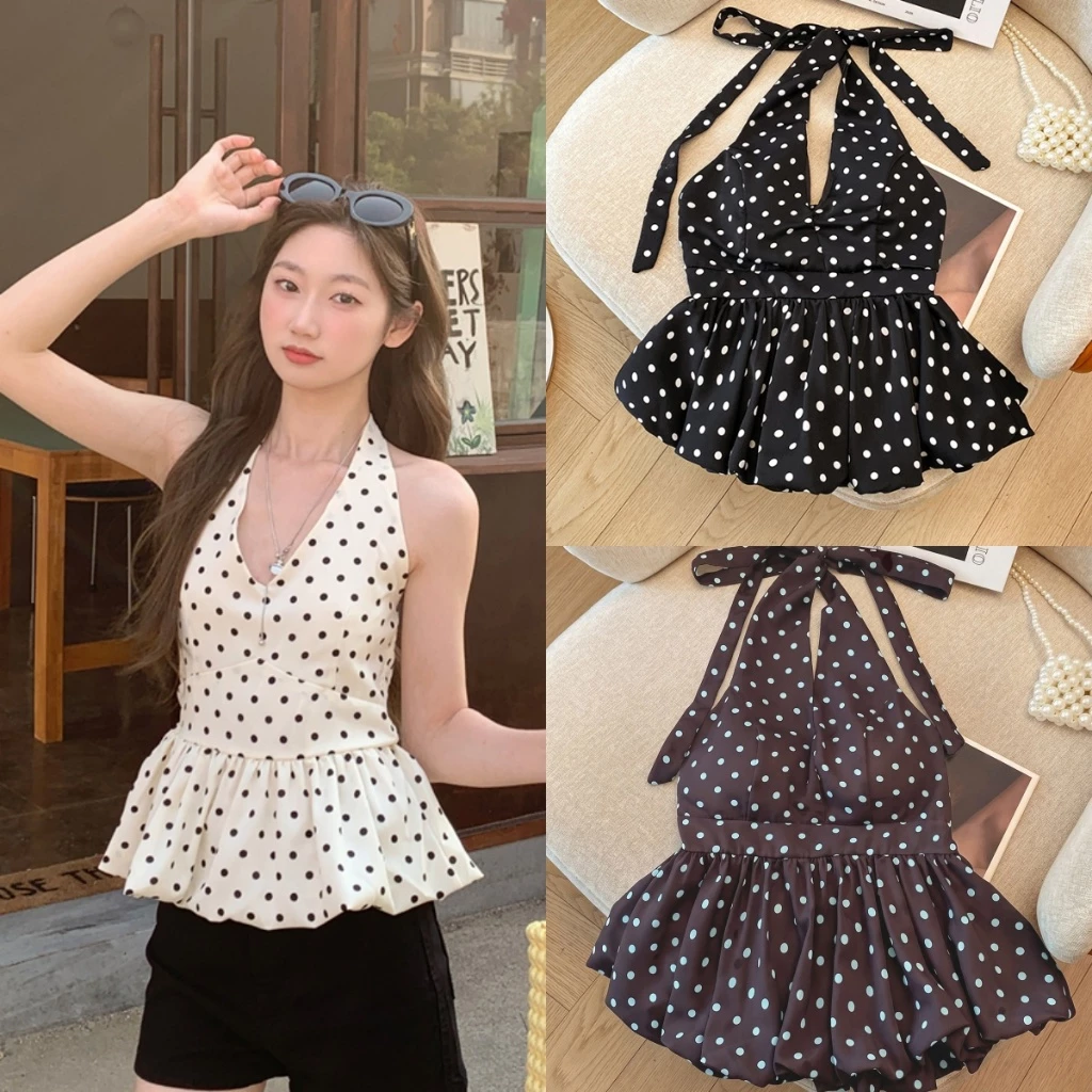 Beryl เสื้อสายเดี่ยวผู้หญิง เสื้อลายจุดสุดเซ็กซี่ คอวี การออกแบบโบว์ริบบิ้น ทรงเข้ารูป สไตล์เกาหลี