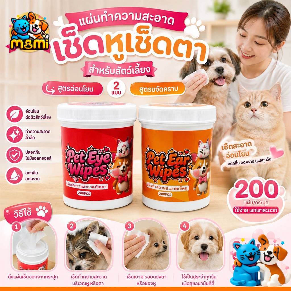 MI ผ้าเช็ดทำความสะอาดสัตว์เลี้ยง ตา หู แบบอ่อนโยน สำหรับแมวและสุนัข  130 ชิ้น LZ888