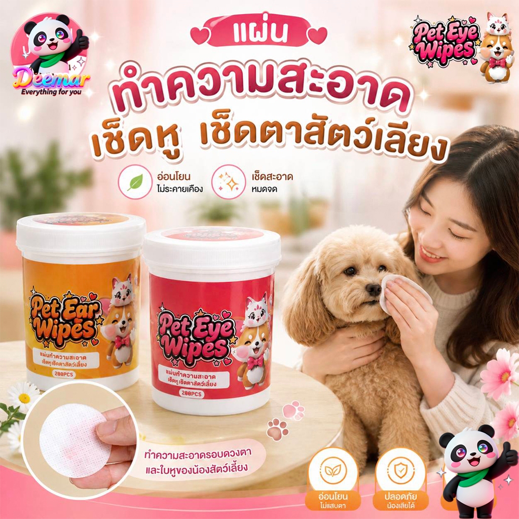 Deemar ผ้าเช็ดทำความสะอาดสัตว์เลี้ยง ตา หู แบบอ่อนโยน สำหรับแมวและสุนัข  200 ชิ้น LZ888
