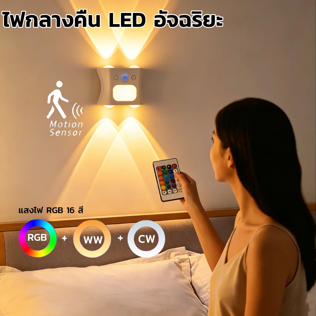 ไฟติดผนังไร้สายไฟ ไฟติดผนังกำแพง ไฟเซ็นเซอร์ LED ไร้สายอัตโนมัติ ไฟกลางคืนเซนเซอร์อัจฉริยะ เซ็นเซอร์ ไฟประดับ