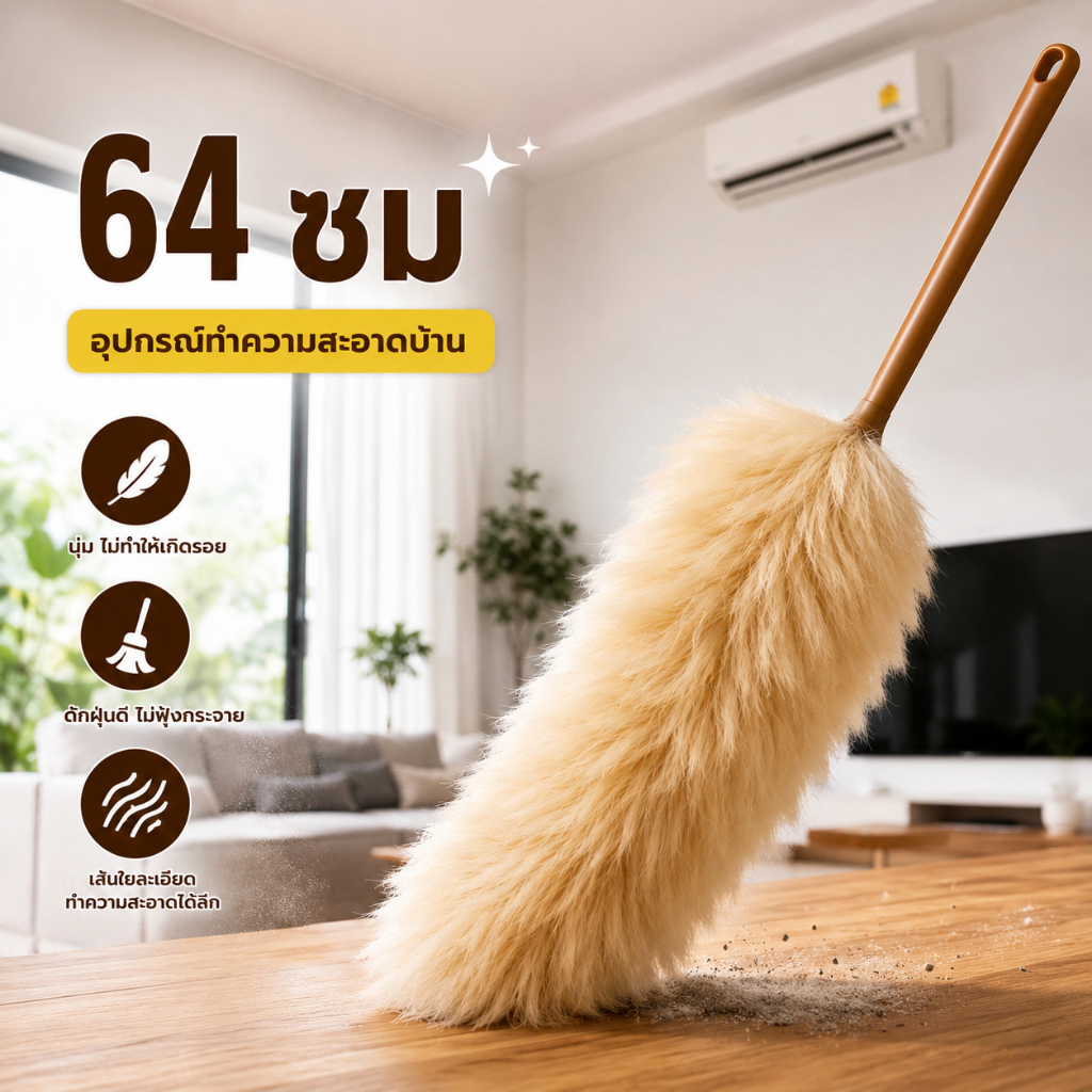 จัดส่งวันถัดไป🚚อุปกรณ์ทำความสะอาดบ้าน 64 ซม ไม้ปัดฝุ่นขนแกะ ดักฝุ่นดี ไม่ทิ้งขน ทนทาน ใช้ได้นาน เครื่องมือดักฝุ่น
