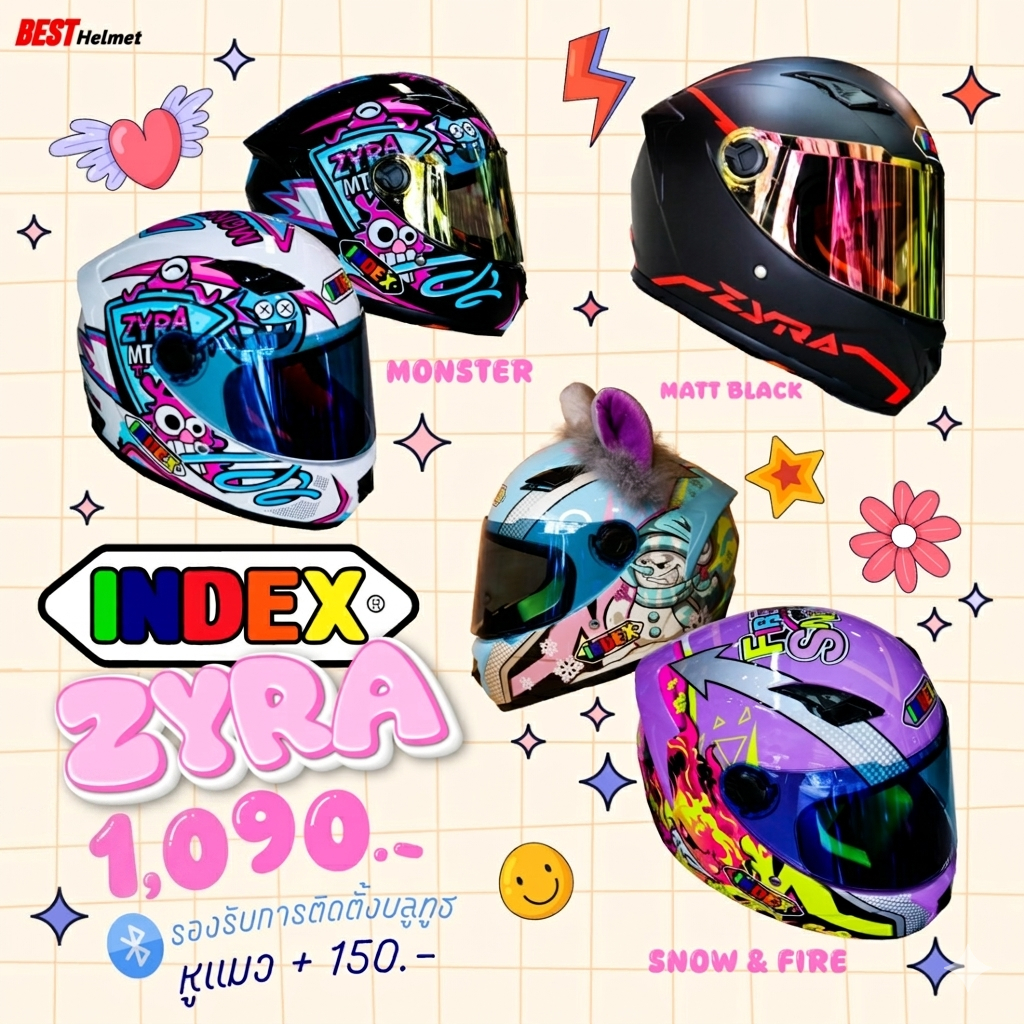 หมวกกันน็อคสำหรับเด็ก INDEX ZYRA - JR #หมวกfreesize (รอบศรีษะประมาณ 56-57 cm.)