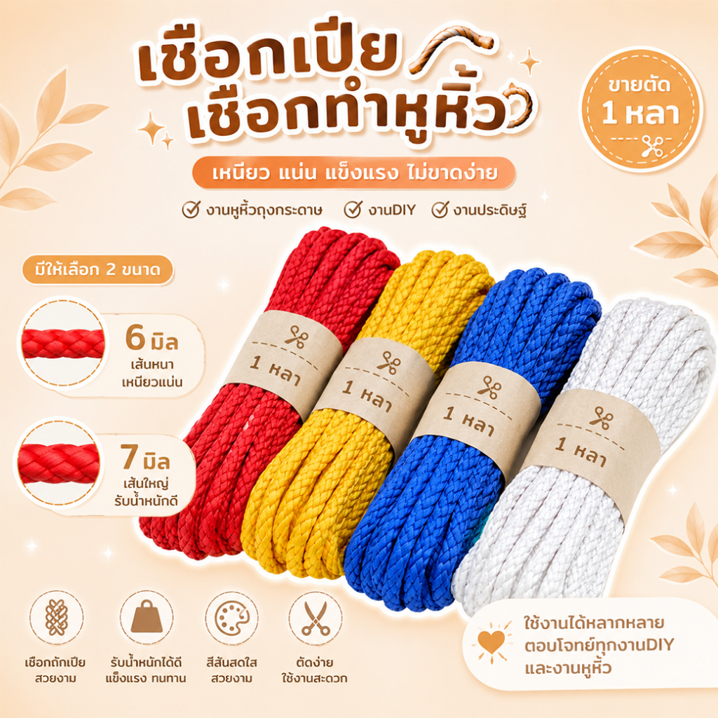เชือกเปีย ขนาด 6มิล  7มิล ความยาว 1หลา เชือกทำหูหิ้ว ใช้ทำหูหิ้วกระเป๋า ใช้ตกแต่งงานประดิษฐ์อื่นๆ เชือก