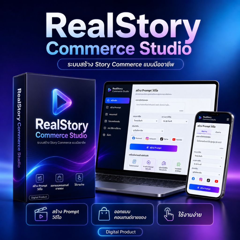 RealStory Commerce Studio ระบบช่วยสร้าง Prompt วิดีโอขายสินค้า สำหรับ Facebook TikTok Shopee
