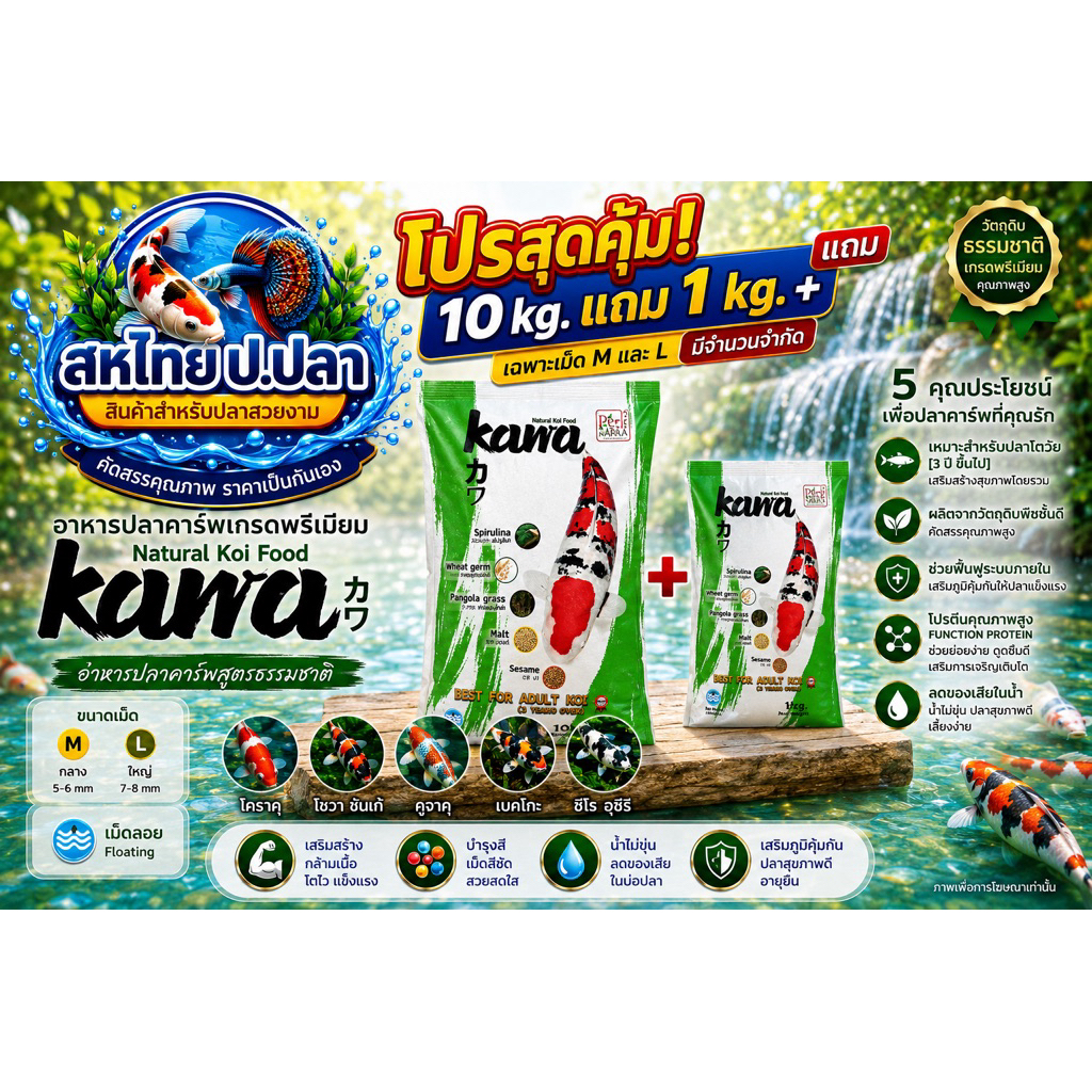 โปร สุดคุ้ม 1 แถม 1💥อาหารปลาคาวะ Kawa (10kg แถม 1 kg)(ถุงแถม มีเม็ดM)💥สำหรับปลาใหญ่🐳ลดอาการปลาจมนิ่ง ว่ายช้า อ้วนผิดทรง