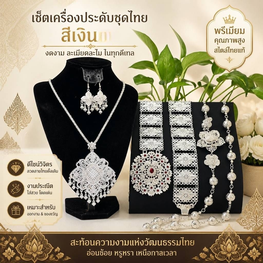 ชุดเครื่องประดับสีเงินครบเซต สร้อยคอพร้อมต่างหู สังวาลย์ และเข็มขัด ครบชุด